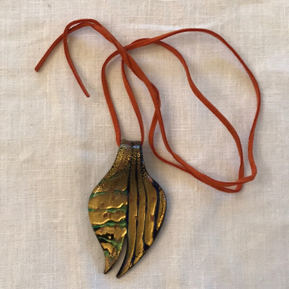 Murano glass pendant necklace, orange suede cord